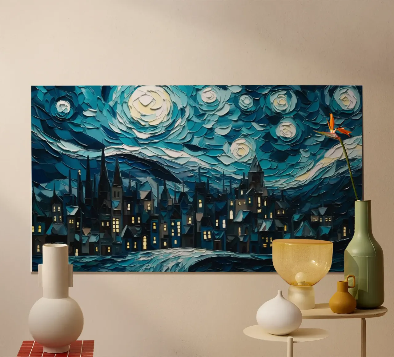 Notte stellata sulla città poster con telaio in alluminio da Christopher Soto