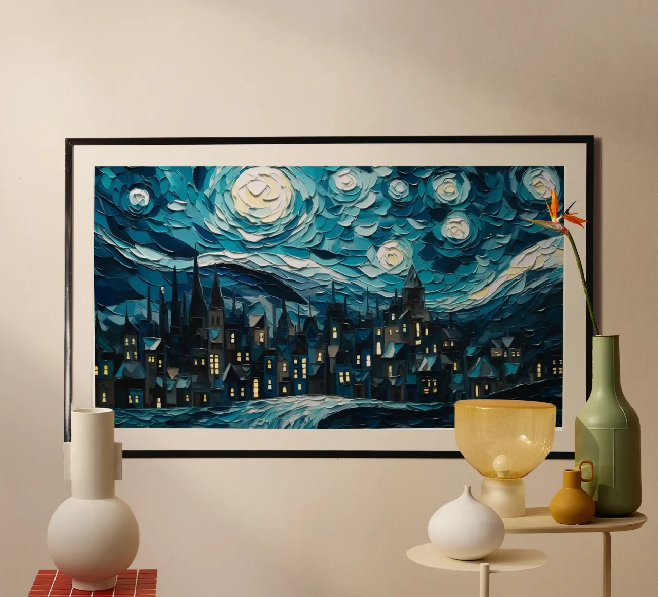 Notte stellata sulla città poster con telaio in alluminio da Christopher Soto