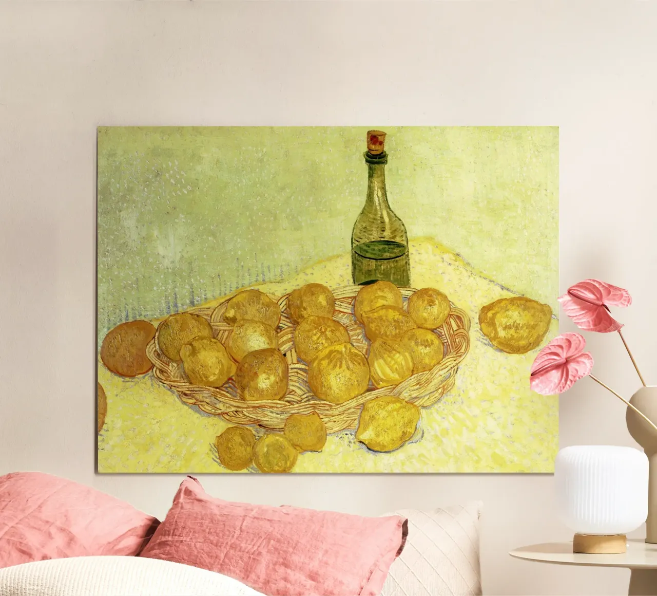 Natura morta con bottiglia, limoni e arance poster con telaio in alluminio da Christopher Soto