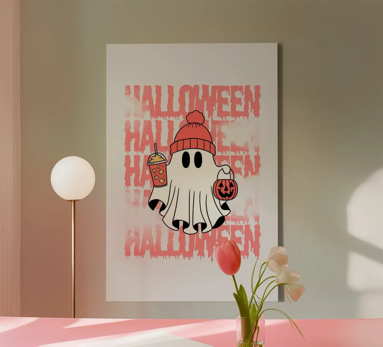Halloween ghost with drink and lantern canvas with Floater frame by ArtDesign by KBK