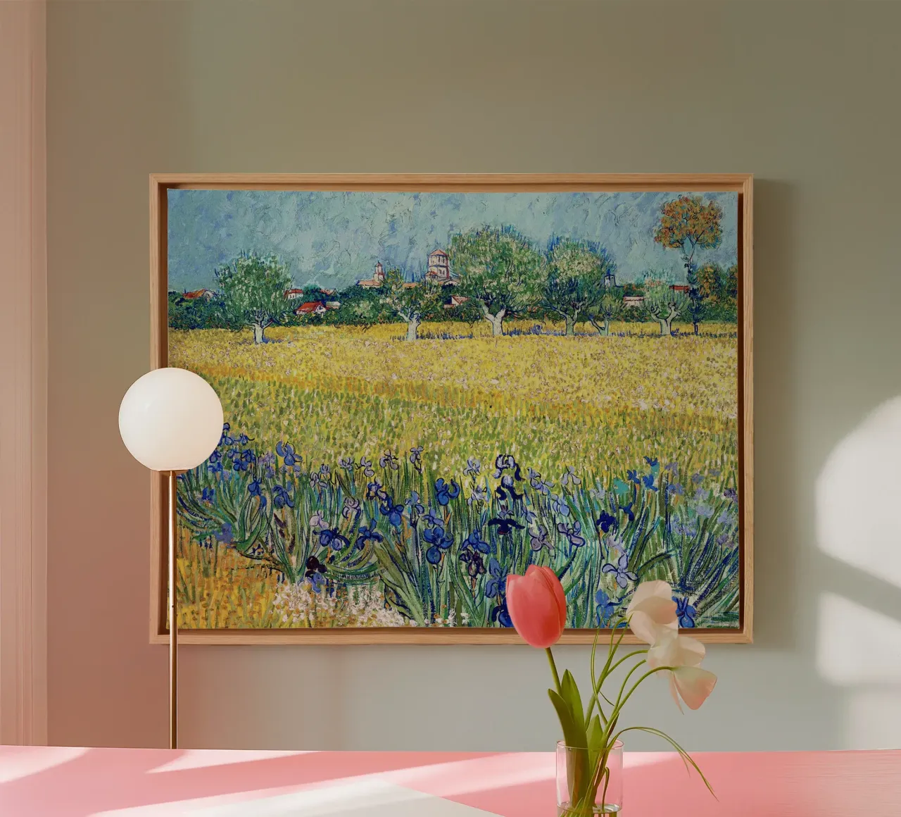 View of Arles with irises in the foreground canvas with Floater frame by Christopher Soto