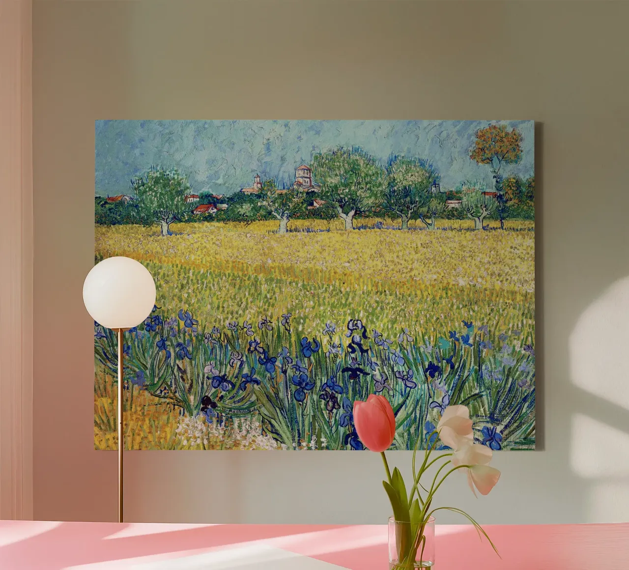 View of Arles with irises in the foreground canvas with Floater frame by Christopher Soto