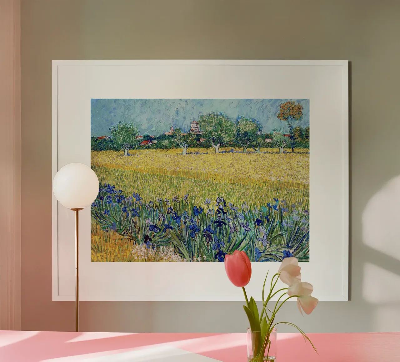 Veduta di Arles con iris in primo piano poster con telaio in plastica da Christopher Soto