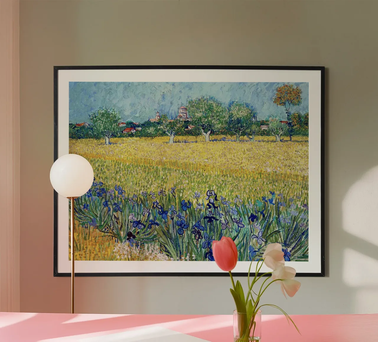 Veduta di Arles con iris in primo piano poster con telaio in plastica da Christopher Soto