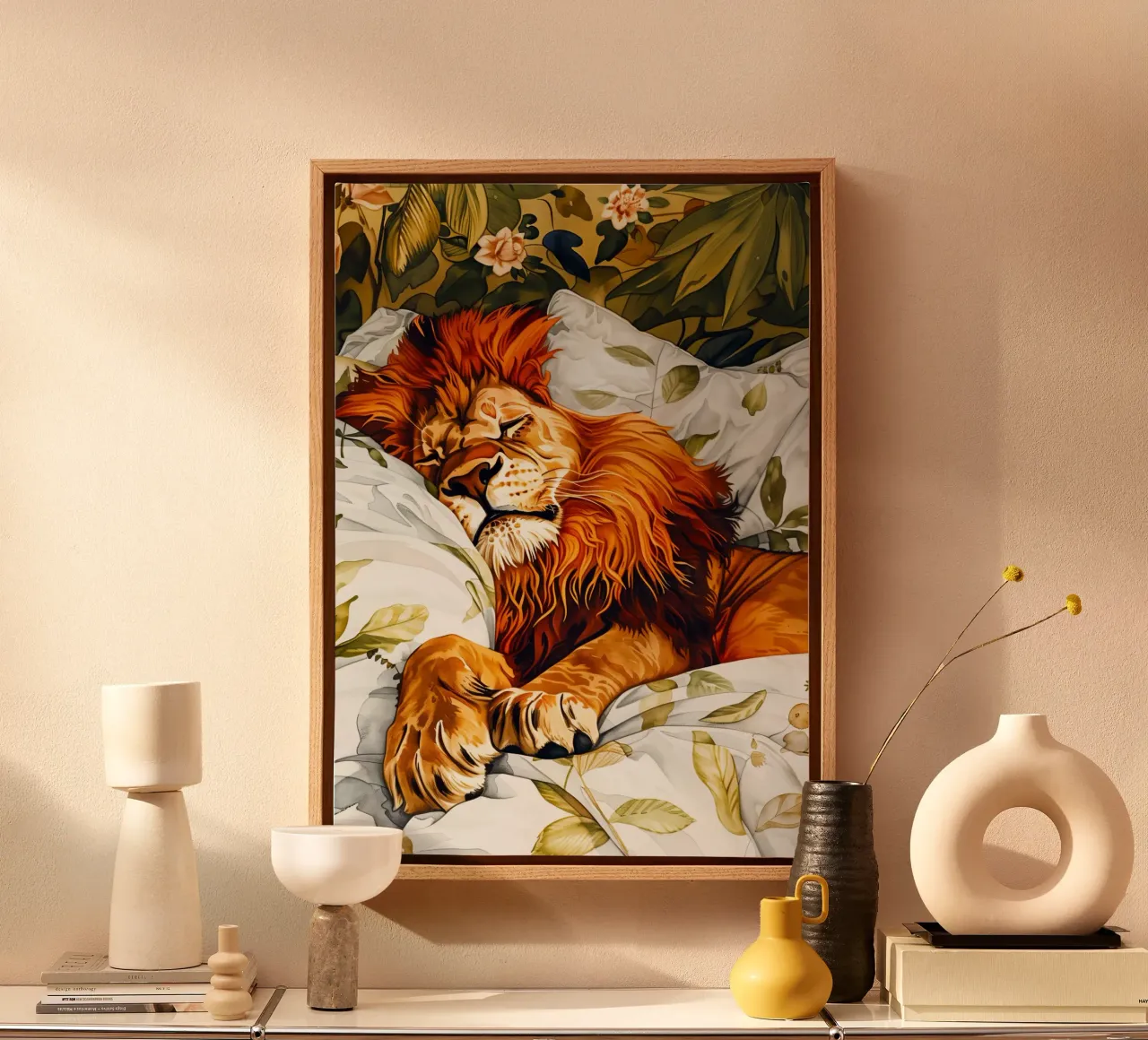 Sleeping lion canvas with Floater frame by Justyna Jaszke JBJart