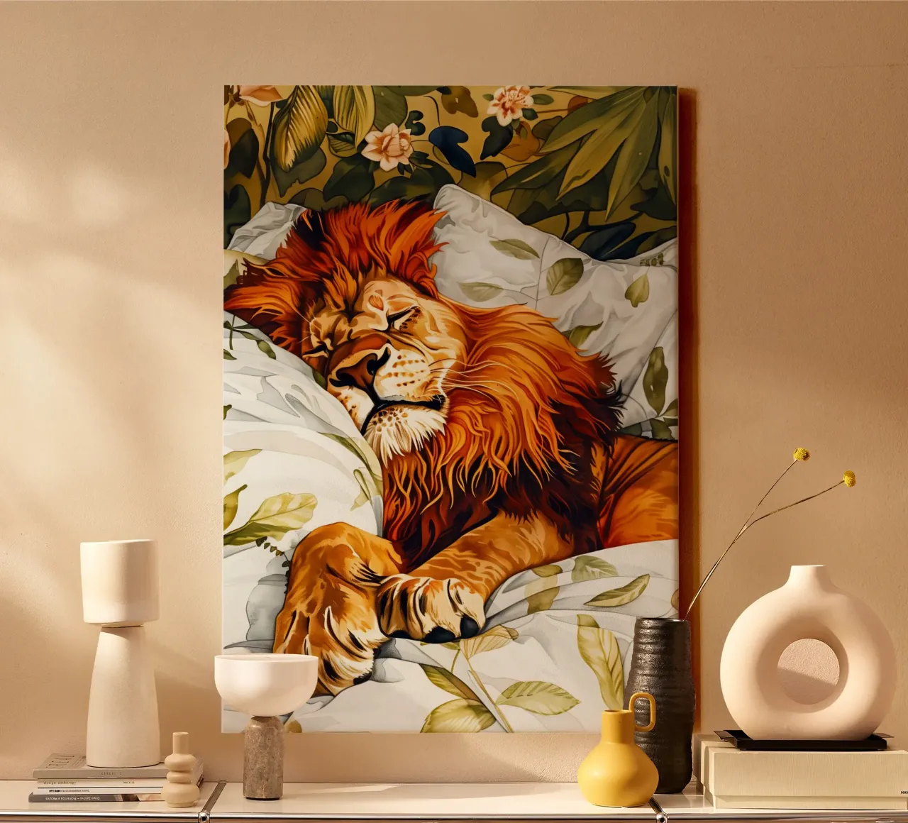 Sleeping lion canvas with Floater frame by Justyna Jaszke JBJart