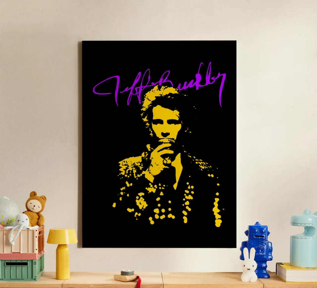 Sagoma d'epoca Jeff Buckley tela con Cornice a cassetta da https://www.juniqe.com/uk/shop/Henndraws