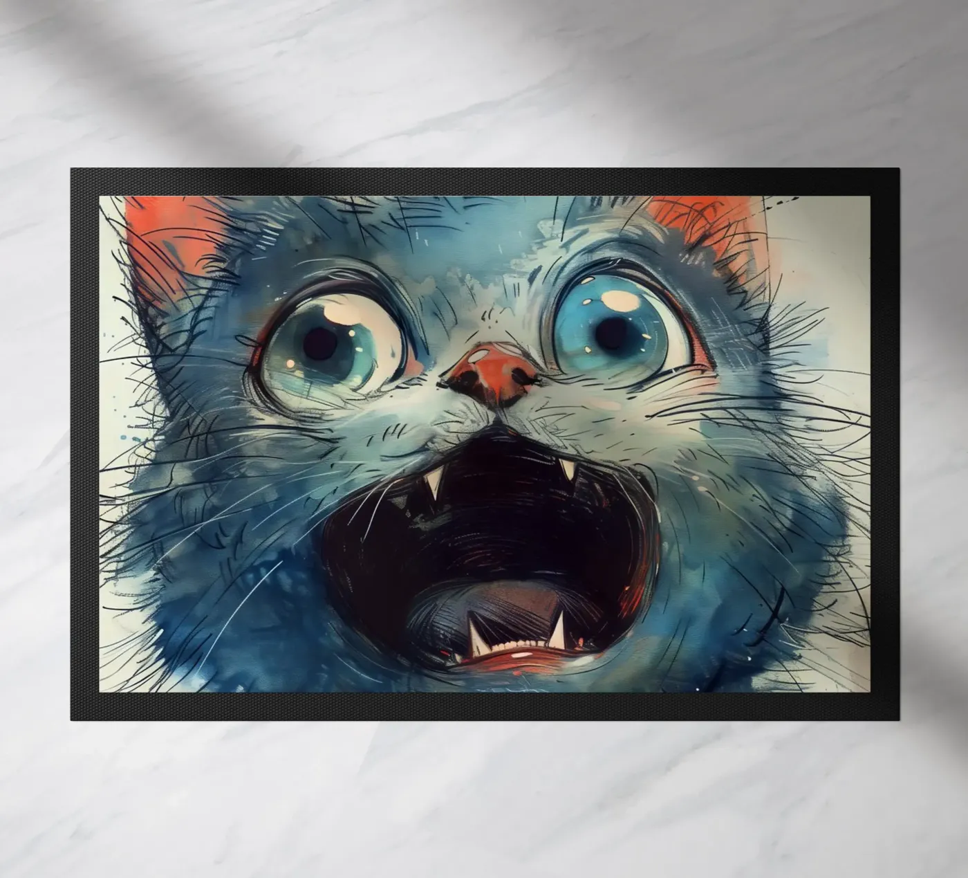 Blue kitty doormat by Justyna Jaszke JBJart
