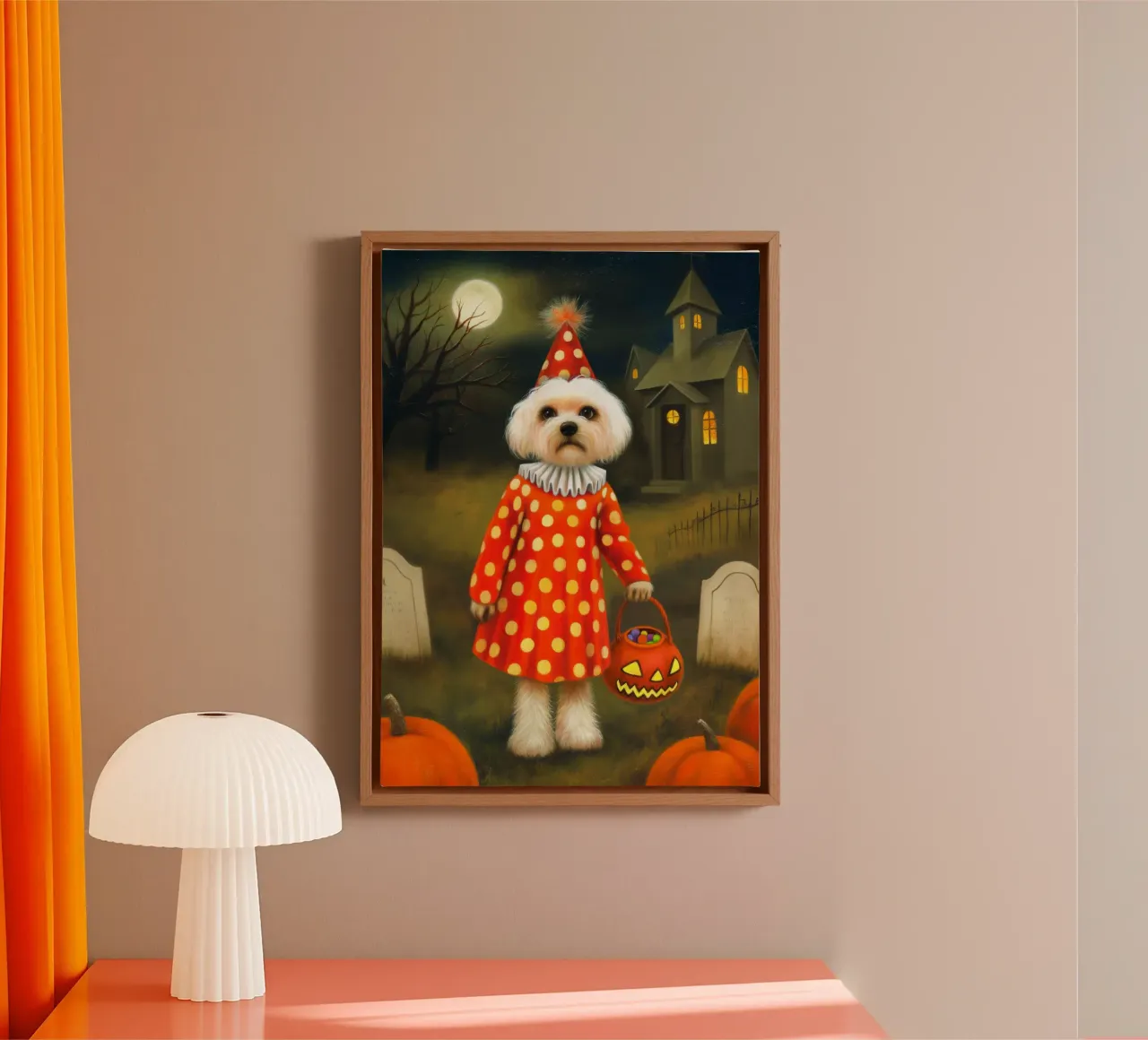 Halloween Hund Clown Trick oder behandeln Leinwand mit Schattenfugenrahmen von Fleur de Lys