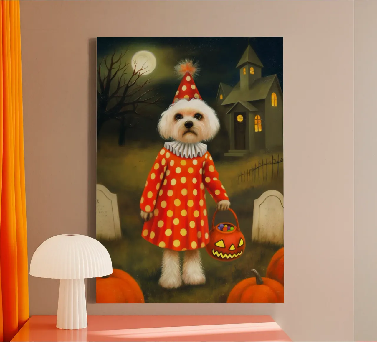 Halloween Hund Clown Trick oder behandeln Leinwand mit Schattenfugenrahmen von Fleur de Lys
