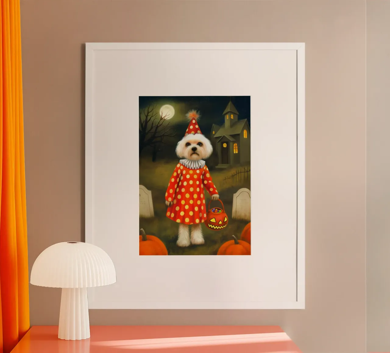 Cane clown di Halloween: dolcetto o scherzetto poster con telaio in alluminio da Fleur de Lys