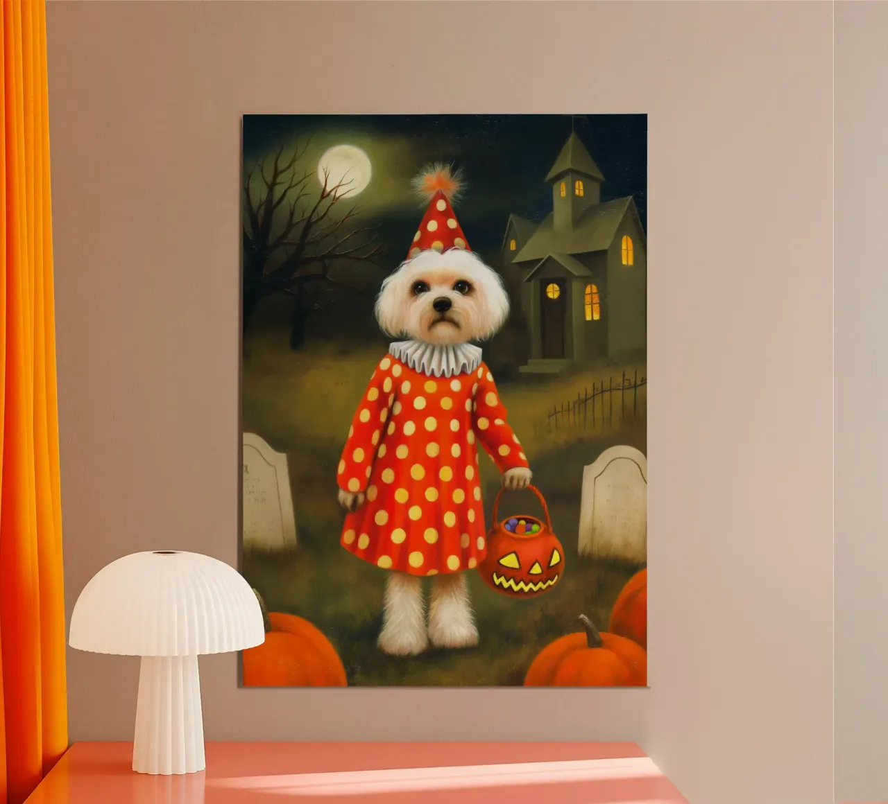 Cane clown di Halloween: dolcetto o scherzetto poster con telaio in alluminio da Fleur de Lys