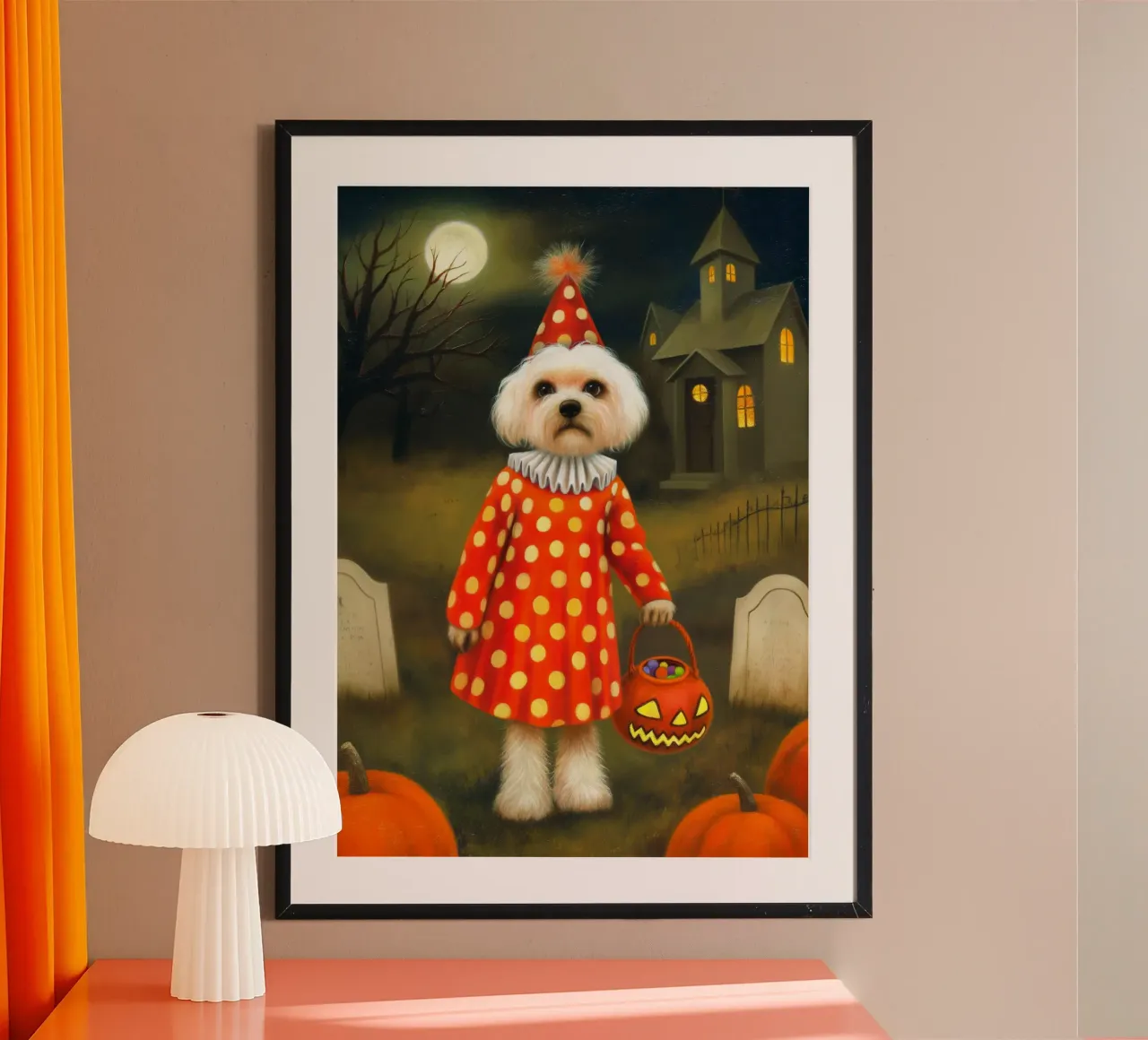 Cane clown di Halloween: dolcetto o scherzetto poster con telaio in alluminio da Fleur de Lys