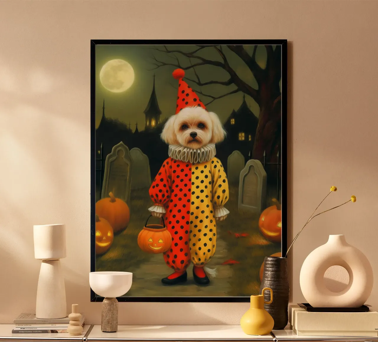 Clown cane spettrale di Hallowen con borsa per dolcetto o scherzetto poster con telaio in legno da Stellar Creative