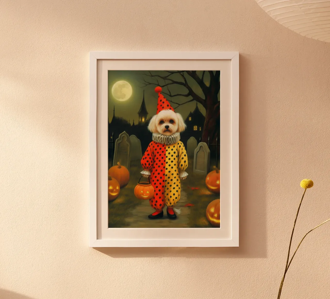 Clown cane spettrale di Hallowen con borsa per dolcetto o scherzetto poster con telaio in legno da Stellar Creative