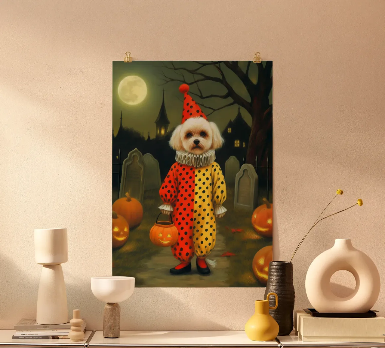 Clown cane spettrale di Hallowen con borsa per dolcetto o scherzetto poster con telaio in legno da Stellar Creative