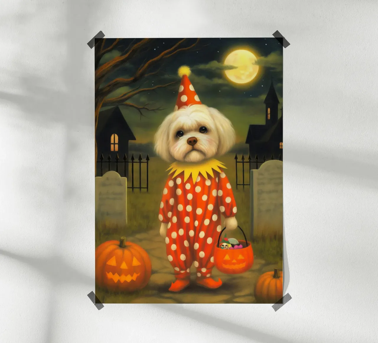 Clown cane spettrale di Hallowen con borsa per dolcetto o scherzetto poster da Stellar Creative