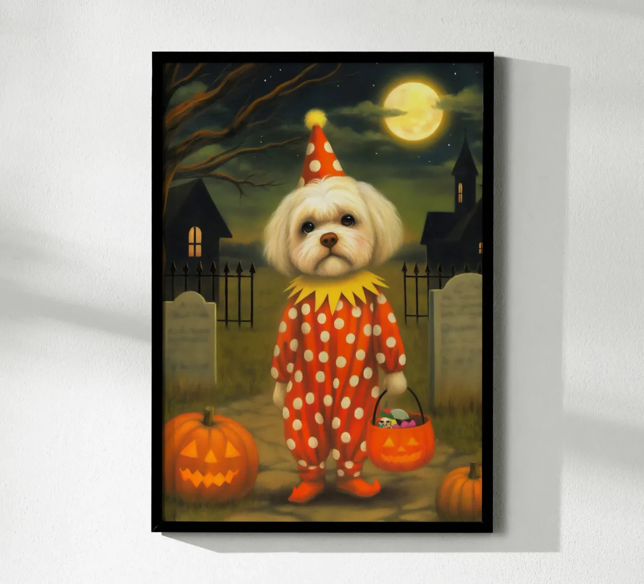 Clown cane spettrale di Hallowen con borsa per dolcetto o scherzetto poster da Stellar Creative