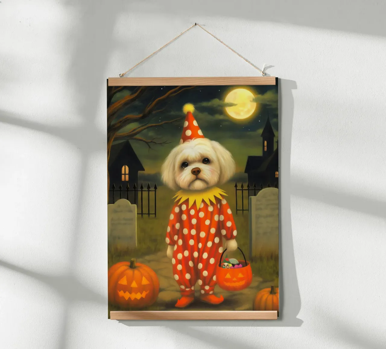 Clown cane spettrale di Hallowen con borsa per dolcetto o scherzetto poster da Stellar Creative