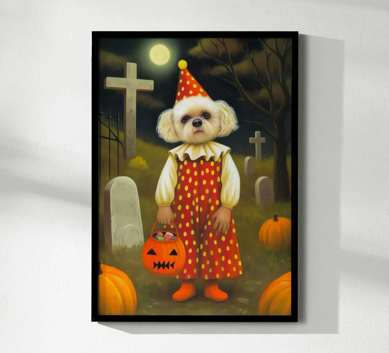 Clown cane spettrale di Hallowen con borsa per dolcetto o scherzetto poster con telaio in legno da Stellar Creative