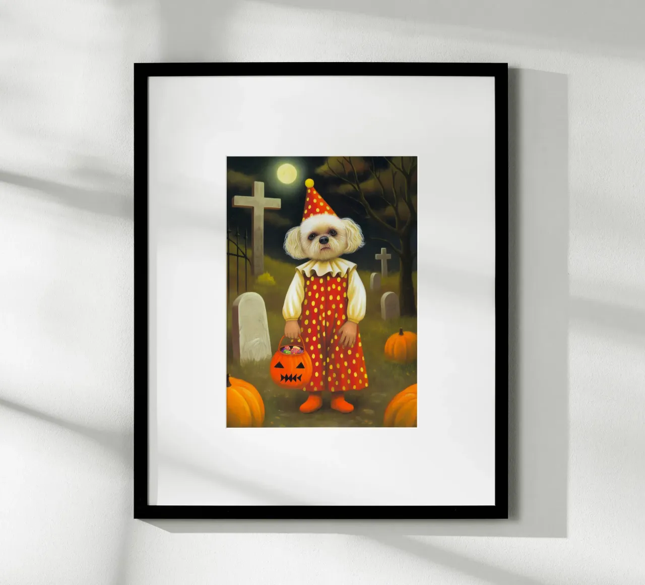 Clown cane spettrale di Hallowen con borsa per dolcetto o scherzetto poster con telaio in legno da Stellar Creative