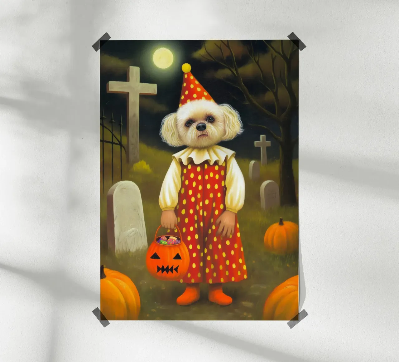 Clown cane spettrale di Hallowen con borsa per dolcetto o scherzetto poster con telaio in legno da Stellar Creative