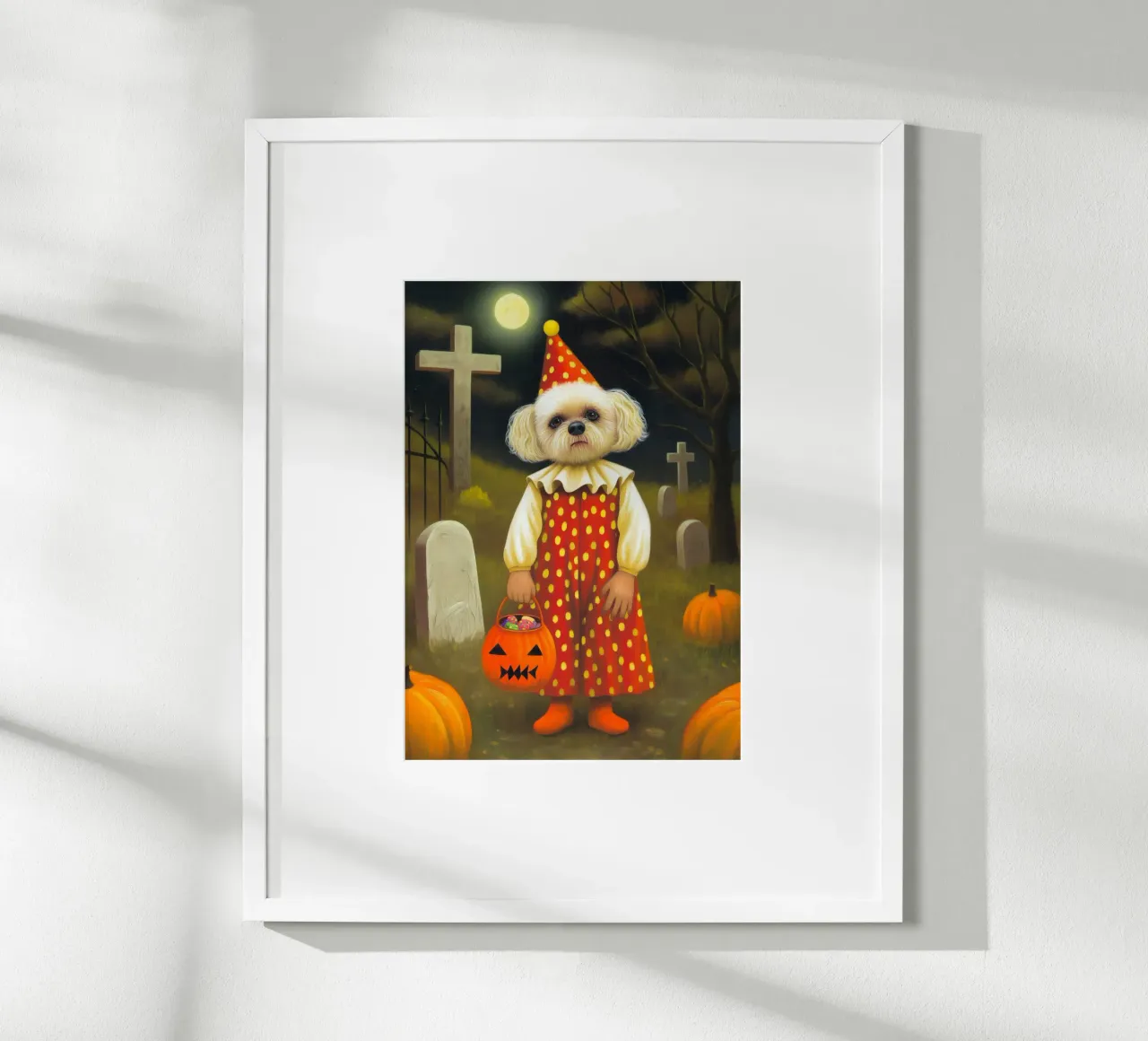 Clown cane spettrale di Hallowen con borsa per dolcetto o scherzetto poster con telaio in legno da Stellar Creative