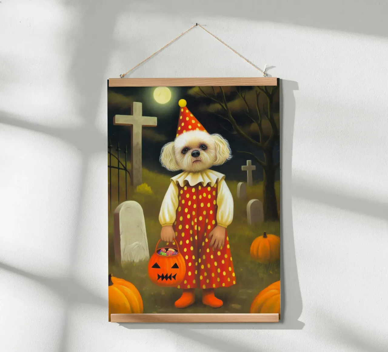 Clown cane spettrale di Hallowen con borsa per dolcetto o scherzetto poster con telaio in legno da Stellar Creative