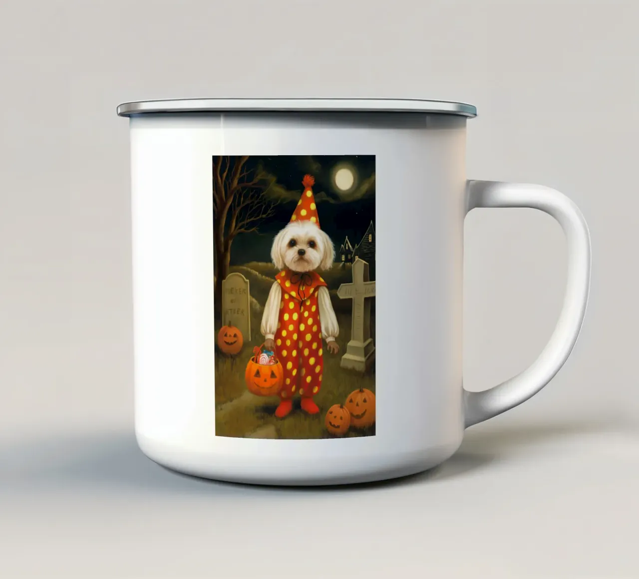 Cane clown di Halloween tazza in smalto da Voxel Visionaries