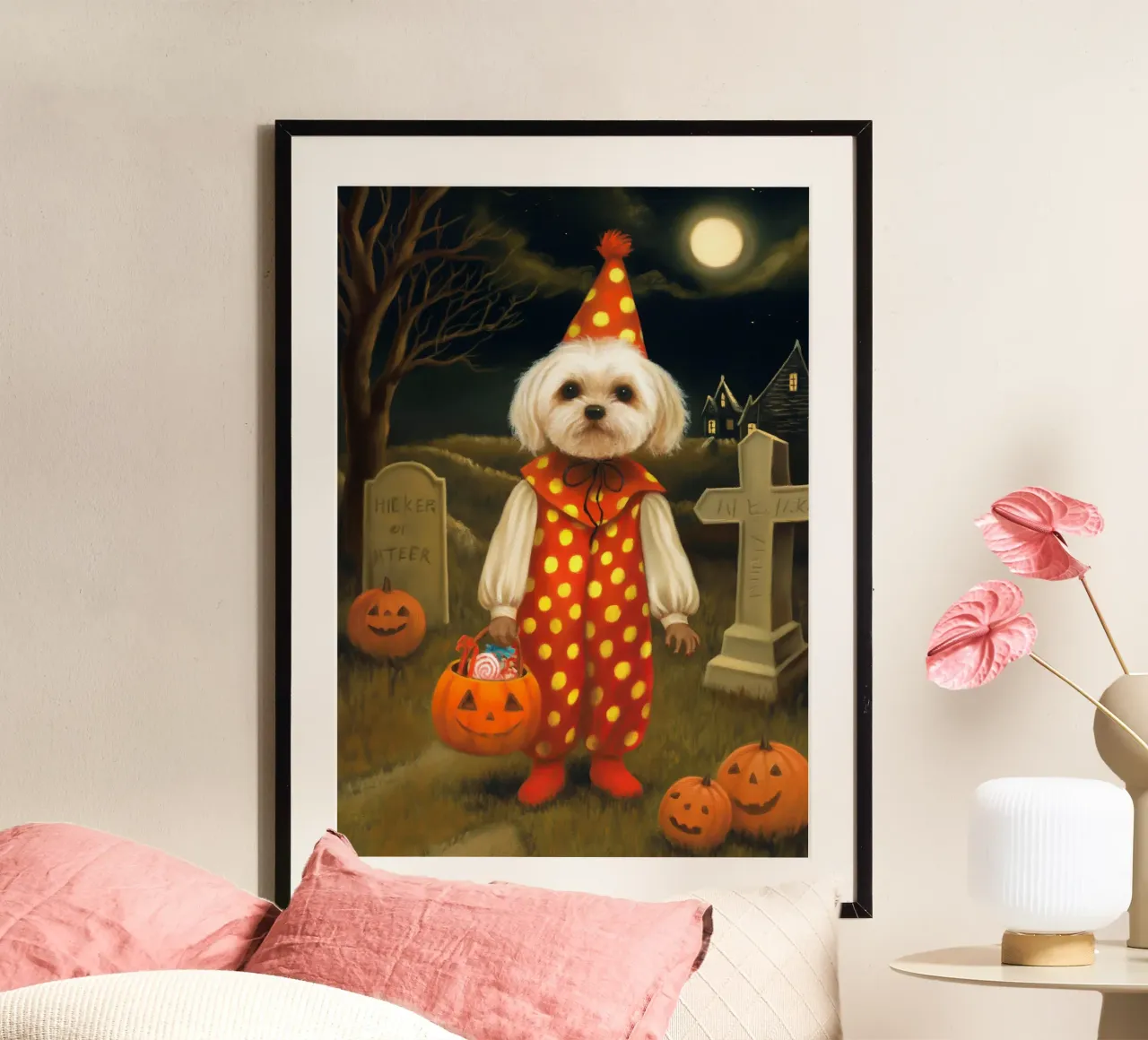 Cane clown di Halloween poster con telaio in alluminio da Voxel Visionaries