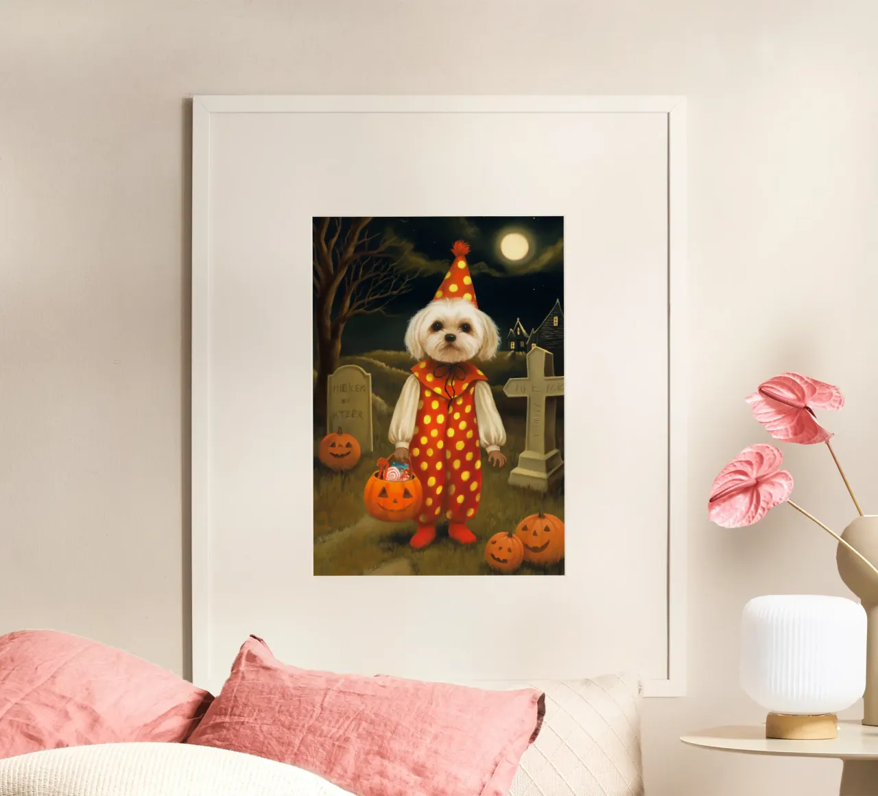 Cane clown di Halloween poster con telaio in alluminio da Voxel Visionaries