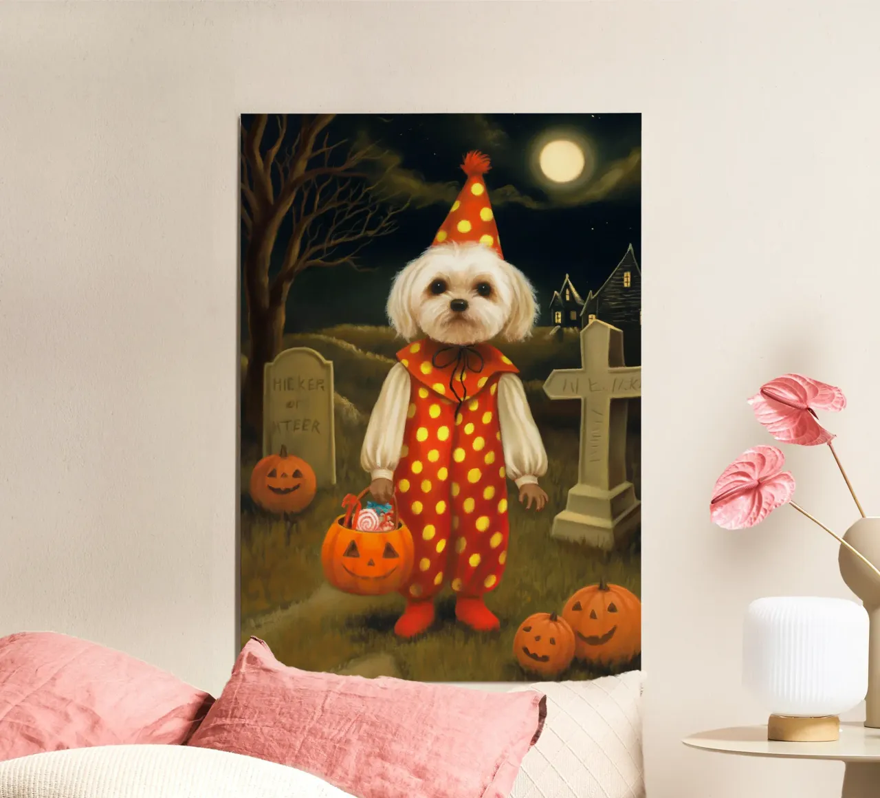 Cane clown di Halloween poster con telaio in alluminio da Voxel Visionaries