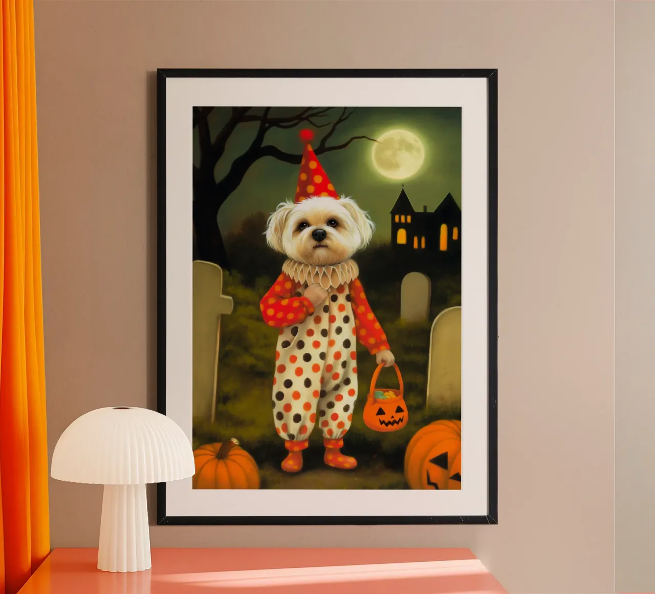 Cane clown di Halloween poster con telaio in alluminio da Voxel Visionaries