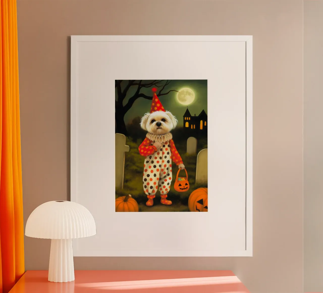 Cane clown di Halloween poster con telaio in alluminio da Voxel Visionaries