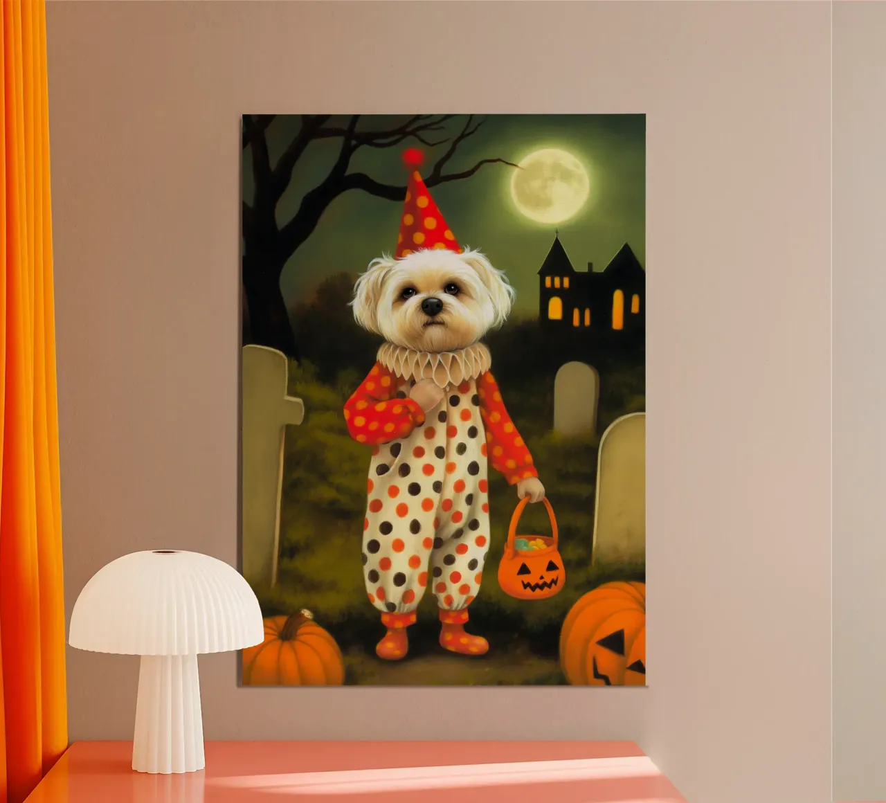 Cane clown di Halloween poster con telaio in alluminio da Voxel Visionaries