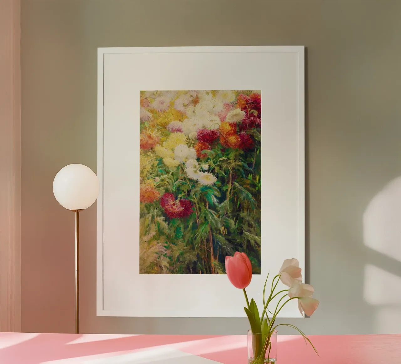 Crisantemi in giardino di Gustave Caillebotte poster con telaio in legno da Venus Art