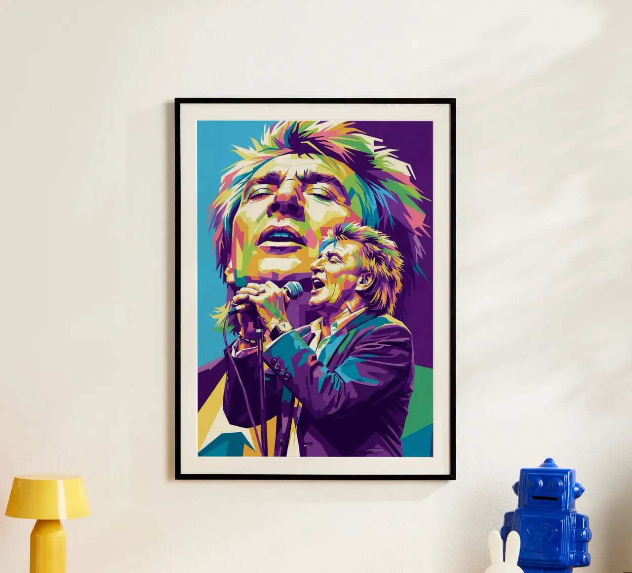 Ritratto pop art di Rod Stewart poster con telaio in legno da Hantamrata