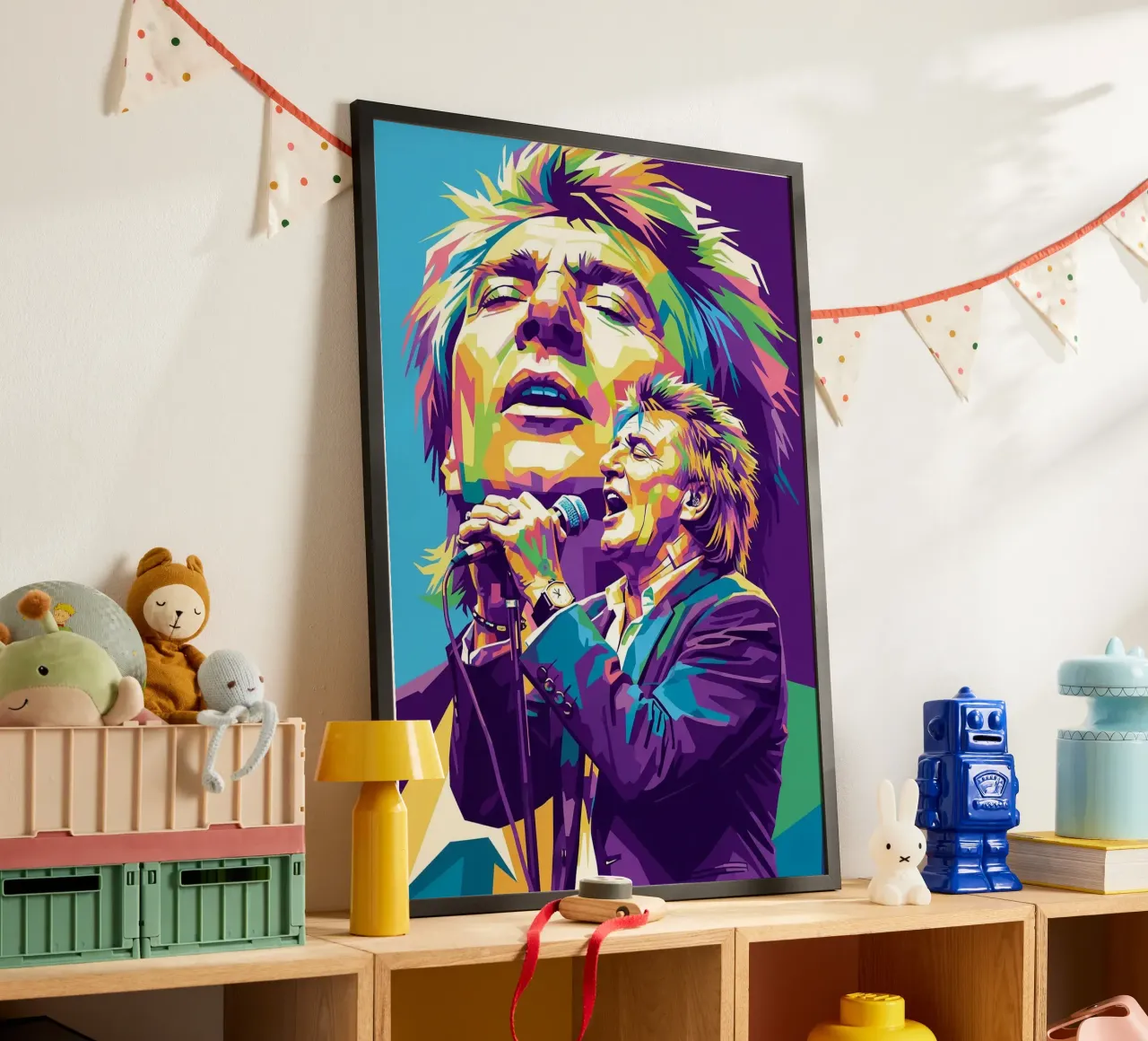 Ritratto pop art di Rod Stewart poster con telaio in legno da Hantamrata