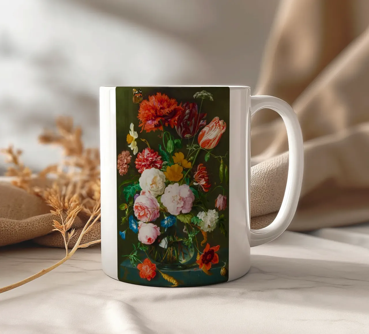 Natura morta con fiori in un vaso di vetro di Jan Davidsz. de H tazza in ceramica da Venus Art