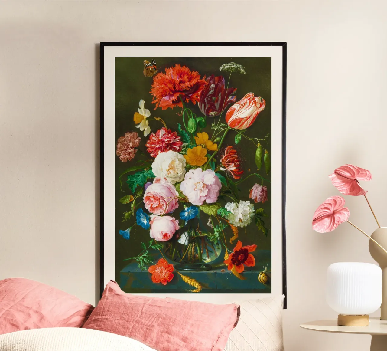 Nature morte avec fleurs dans un vase en verre par Jan Davidsz. de H poster avec cadre en aluminium de Venus Art