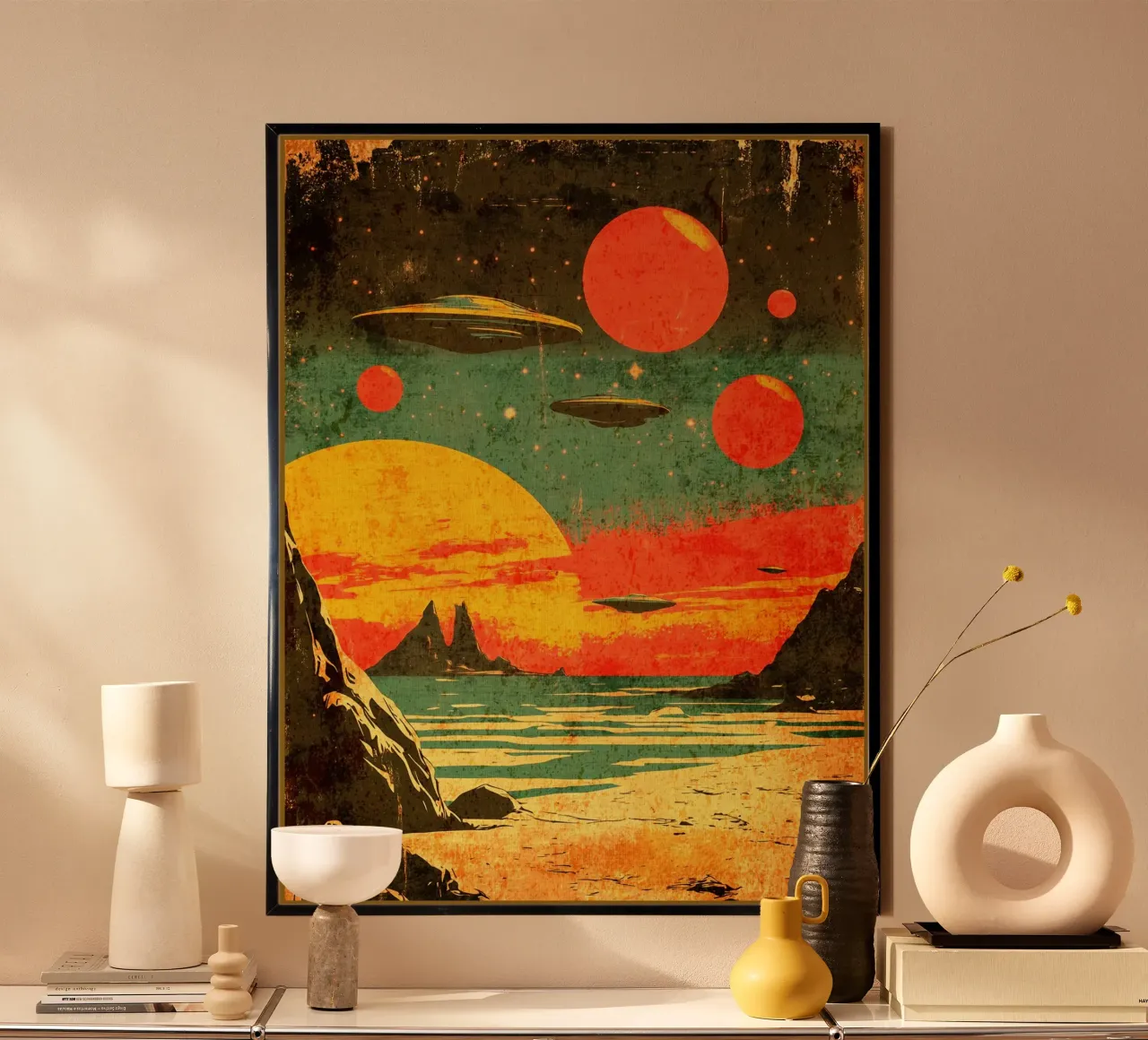 Visitare una spiaggia cosmica poster con telaio in legno da David Müller