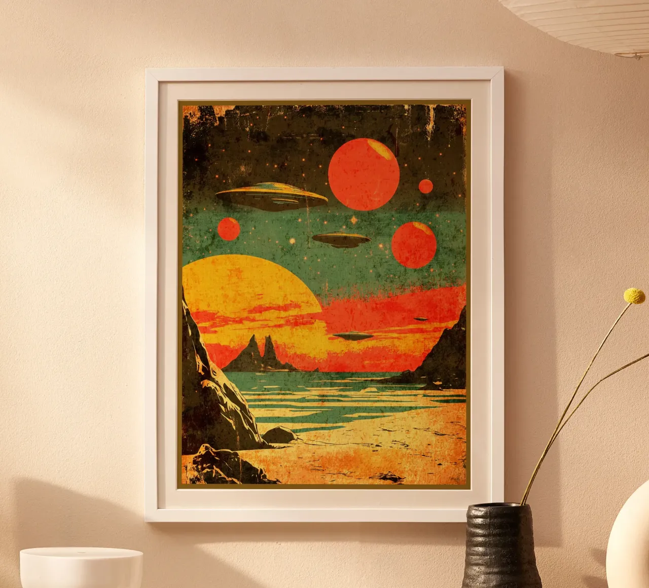 Visitare una spiaggia cosmica poster con telaio in legno da David Müller