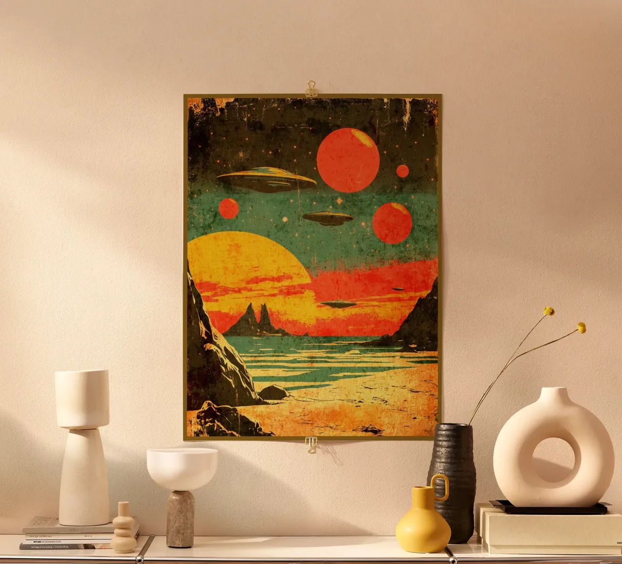 Visitare una spiaggia cosmica poster con telaio in legno da David Müller