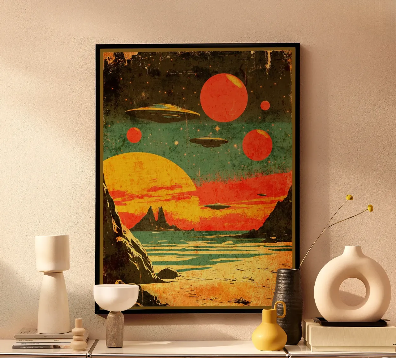 Visitare una spiaggia cosmica poster con telaio in legno da David Müller