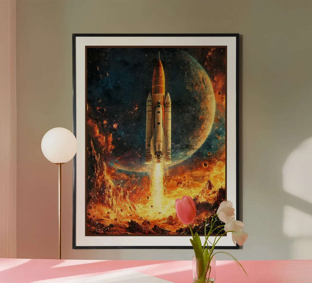 Lancement d'une fusée spatiale poster avec cadre en plastique de David Müller