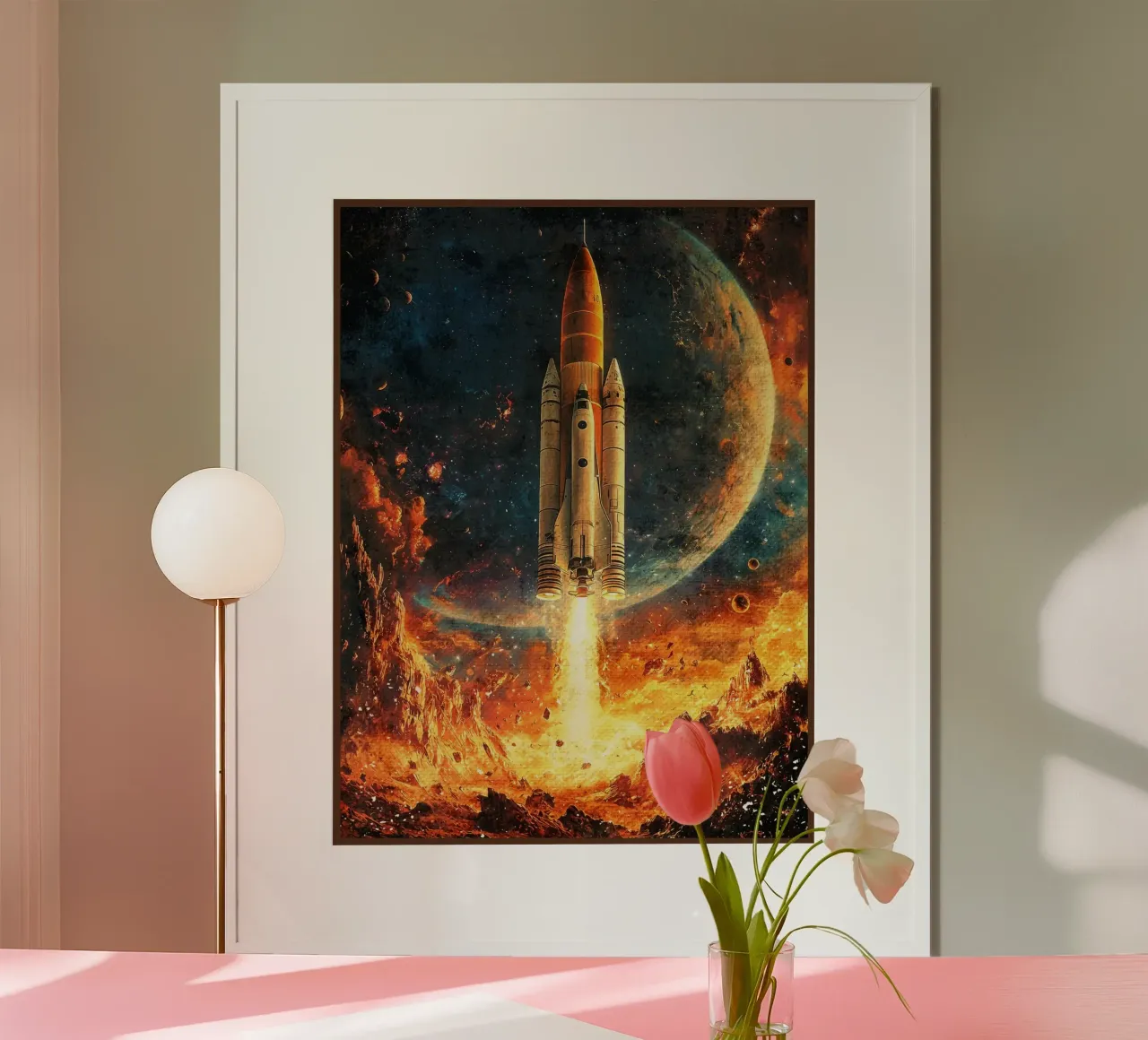 Lancement d'une fusée spatiale poster avec cadre en plastique de David Müller