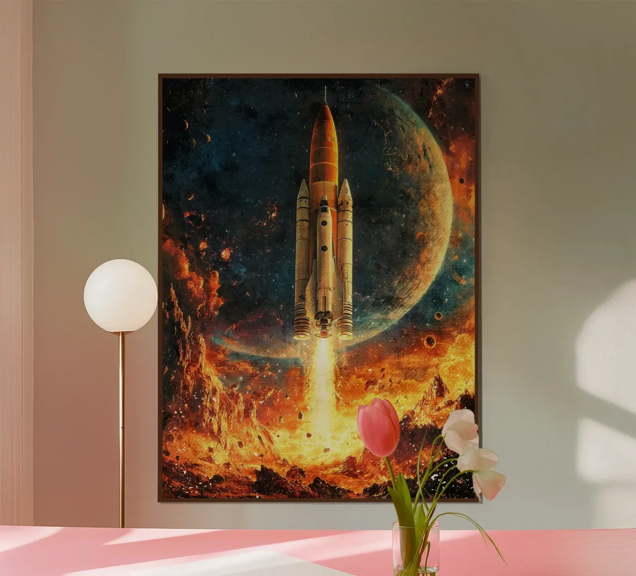 Lancement d'une fusée spatiale poster avec cadre en plastique de David Müller