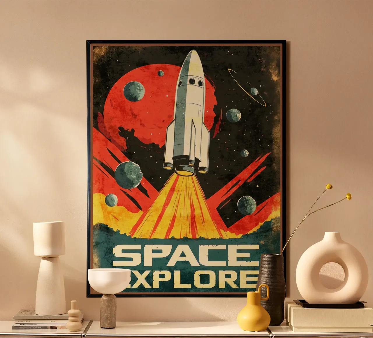 Poster du lancement d'une fusée spatiale poster avec cadre en bois de David Müller
