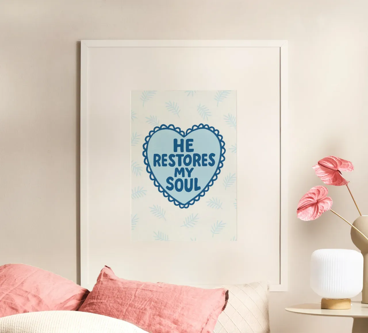 Egli restaura la mia anima - Poster per il cuore Salmo 23:3 poster con telaio in plastica da vintagepod
