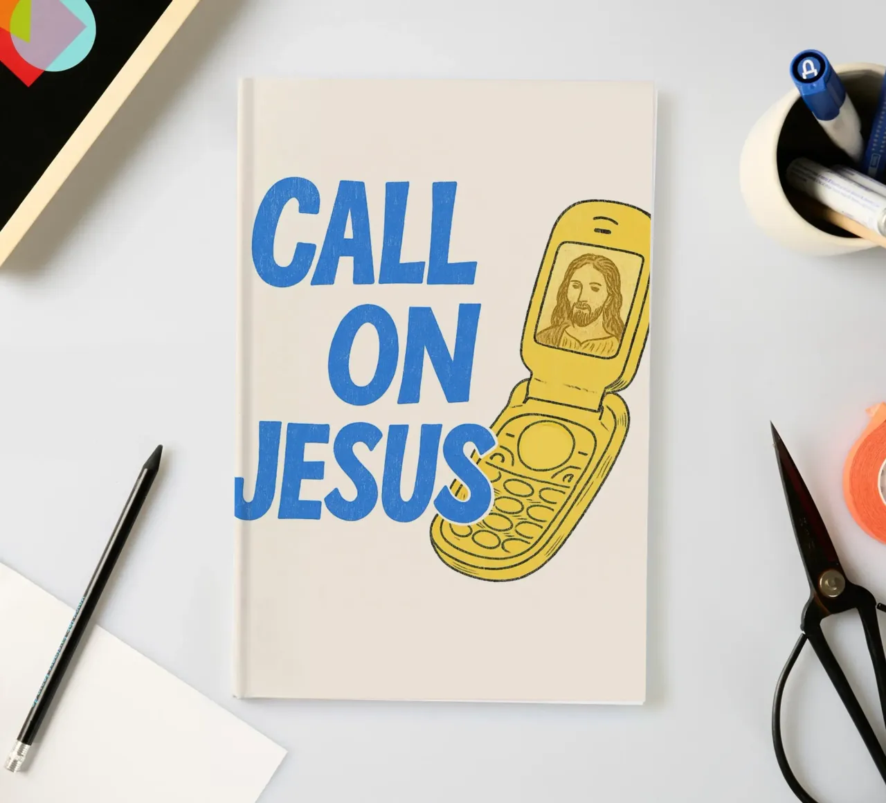 Call on Jesus - Retro Flip Phone Art Print notebook by vintagepod